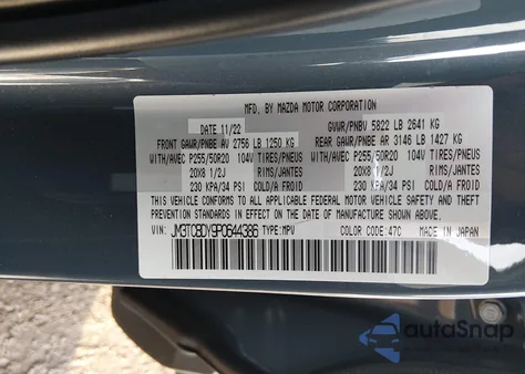 2023 Mazda Cx-9 Carbon Edition z USA, uszkodzony, nr VIN JM3TCBDY9P0644386